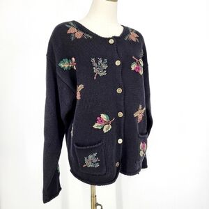 Vintage Embroidered Cardigan Sweater Linen Blend Knit Floral Nature Black Large
